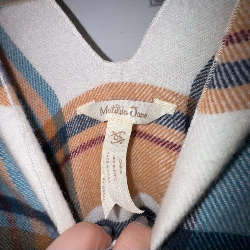 Matilda Jane Plaid Cream Blue Button Down Paige Ruana Shawl Poncho OS one size - Picture 4 of 10